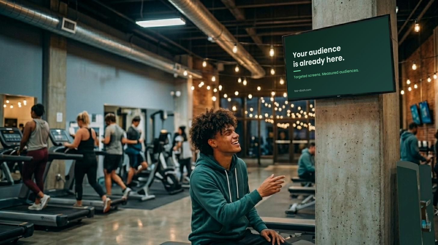Salle de sport, un sportif regarde un écran mural qui diffuse un message Toodooh